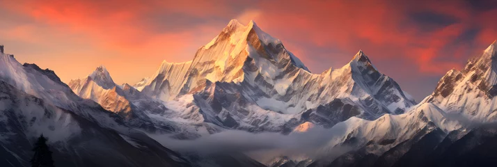 Schilderijen op glas Serene Sunset over Snow-Covered Peaks: A Majestic Display of Nature's Splendor © Marguerite