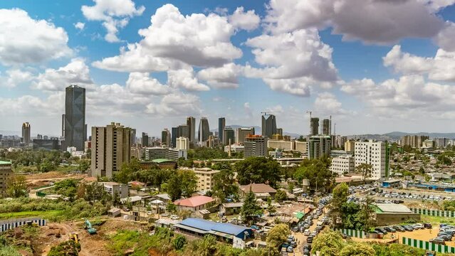 Addis Ababa, Ethiopia, time lapse, fast moving clouds, high-angle view of the city center