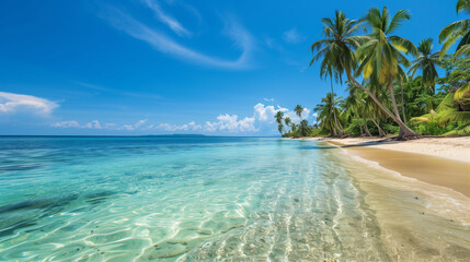 Fototapeta na wymiar Tropical Tranquility: Serene Beachscape with Palm Trees and Crystal Waters