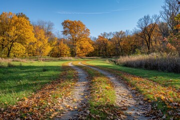A country lane with autumn leaves forms a natural archway with trees