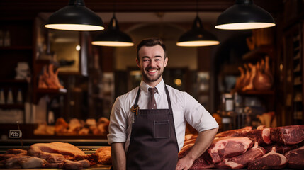 Portrait of Confident Young Butcher with Arms Crossed Standing Proudly in a Traditional Meat Market, Array of Fresh Meat Cuts Displayed, Friendly Service Concept in a Local Butchery
