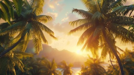  Sunrise over a tropical landscape with palm trees, symbolizing new beginnings and hope  - obrazy, fototapety, plakaty
