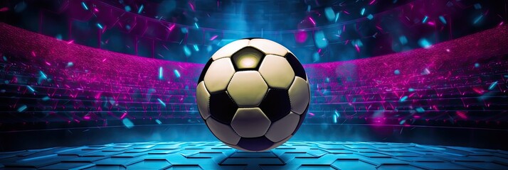 A cyber futuristic soccer ball illuminates with neon lights, merging the worlds of technology and sports into a dazzling spectacle.