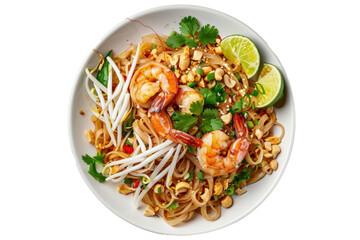 Thai pad Thai noodles with stir-fried rice noodles, shrimp or chicken, tofu, bean sprouts, and peanuts, garnished with lime wedges and cilantro.