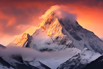 Zelfklevend Fotobehang Serene Sunset over Snow-Covered Peaks: A Majestic Display of Nature's Splendor © Marguerite