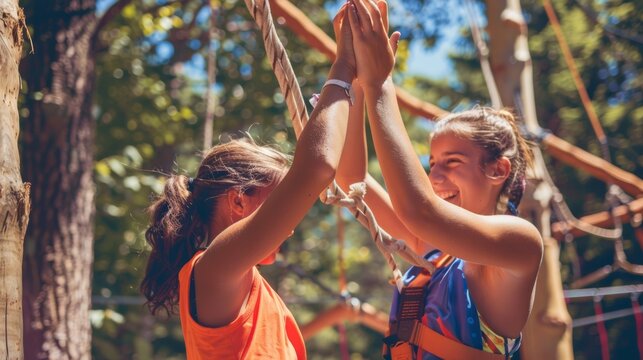 A close-up shot of two friends high-fiving each other after completing a challenging obstacle course at summer camp
