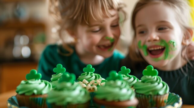 A close-up shot of two children giggling as they share a plate of green cupcakes decorated with shamrocks