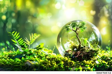 Ecology concept with green plant in glass ball on moss and bokeh background. Ai generated