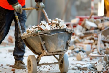 construction worker pushing a wheelbarrow with rubble into a bin