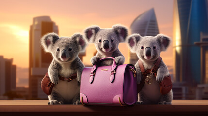 Three koalas are standing on a ledge with a pink suitcase in front of them. The scene is set in a city with a beautiful sunset in the background. Scene is playful and lighthearted