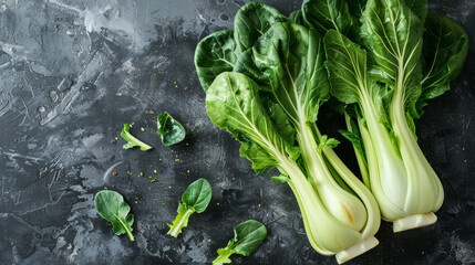 Fresh bok choy on dark slate background, vibrant green leaves. - obrazy, fototapety, plakaty