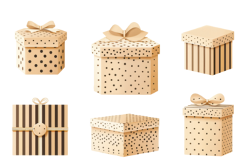 festive arrangement of beige birthday boxes with playful polka dots and stripes, separated on a white background.