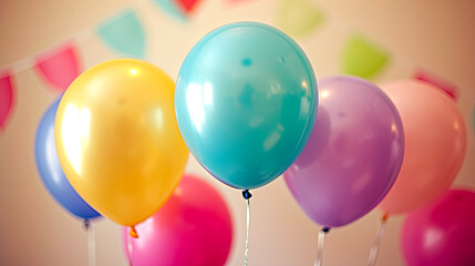 A bunch of colorful balloons are floating in the air, creating a festive and joyful atmosphere. The balloons come in various colors, including yellow, blue, pink, and purple