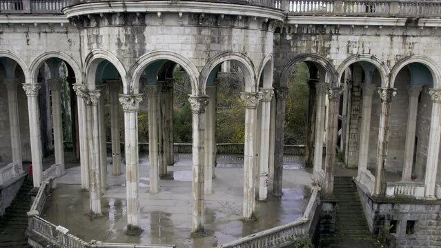 Drone flight straight over Medea sanatorium beautiful pilars