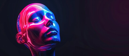 The plastic head of a female mannequin is brightly lit with neon colors, creating a visually striking display. The artificial intelligence womans face glows in vibrant hues, showcasing a futuristic