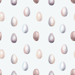 Watercolor seamless pattern with Easter eggs. Set of pastel color eggs hand drawing watercolor illustrations in minimalist style. Decorative elements isolated on white background for Easter designs