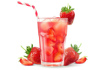 A refreshing glass of strawberry lemonade, garnished with a fresh strawberry and a striped paper straw, against a pure white backdrop.