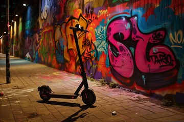 Naklejka premium electric scooter parked by a colorful graffiti wall at night
