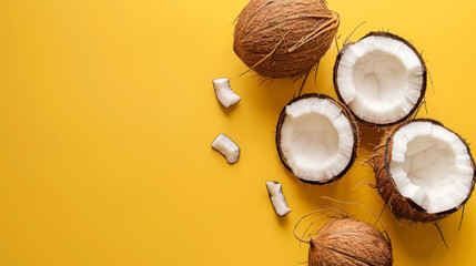 Coconuts and pieces scattered on a crisp yellow background. - obrazy, fototapety, plakaty
