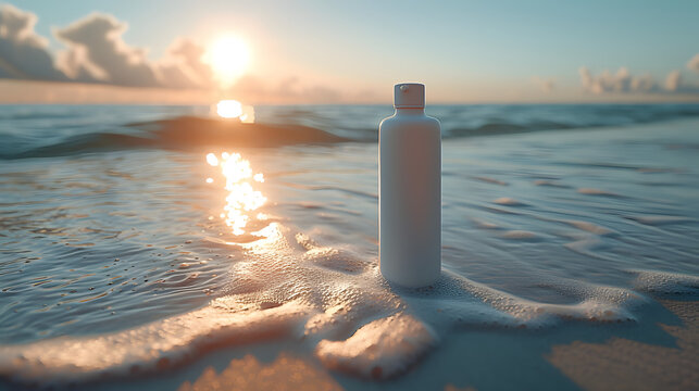 White bottle on the shore at sunrise with sea foam. Morning beach skincare routine concept. Serene seascape with sun reflection and copy space
