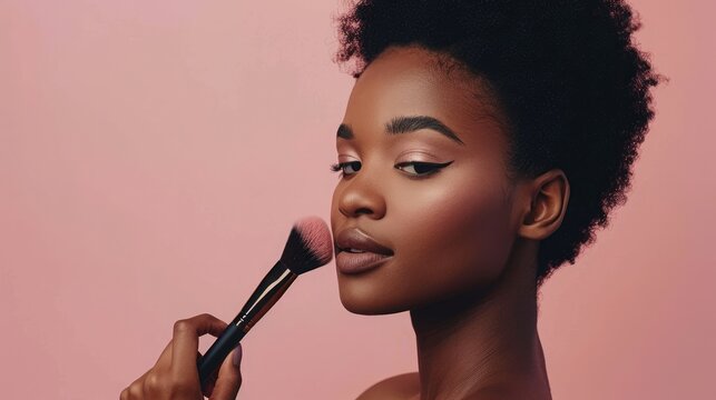 Flawless Beauty Portrait of a Model Applying Blush with Makeup Brush on a Soft Pink Background