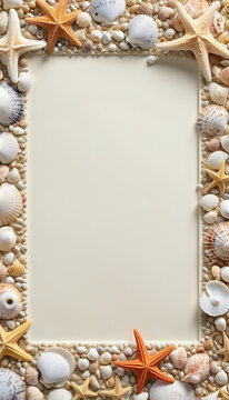 collection of seashells and starfish as a frame border, copyspace,   colorful background
