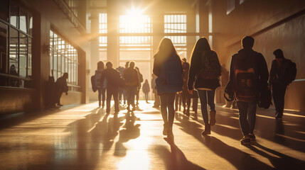 Group of High School Students with Backpacks Walking Through Hallway Bathed in Warm Sunset Light,...