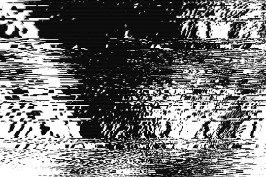 Abstract distorted black white motion glitch overlay effect distress texture. Monochrome interlaced digital background. Futuristic striped glitched grunge, retro 90s, lo-fi brutal cyberpunk design