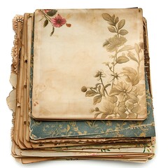 Old papers with floral pattern isolated on white background