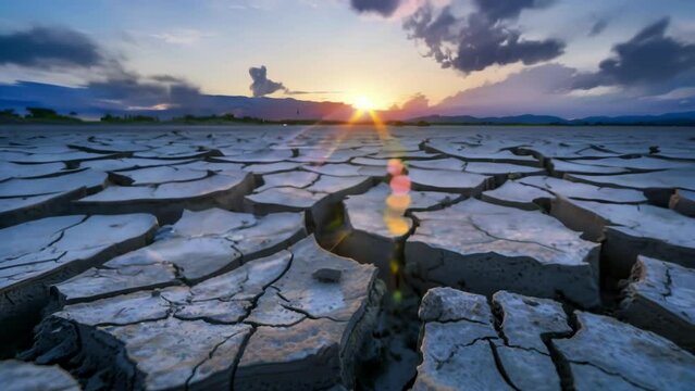 A barren landscape with cracked and dried up ground symbolizing the effects of droughts caused by rising temperatures.