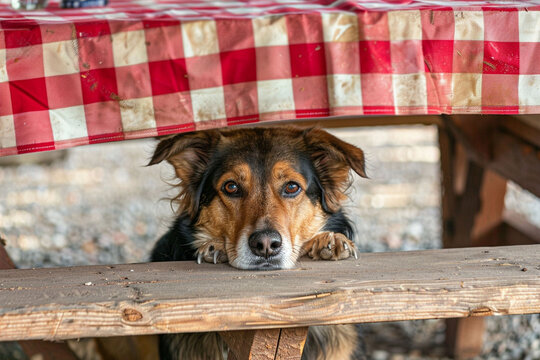 A dog with a hopeful expression sitting under a picnic table at a BBQ party waiting patiently for a scrap of food to fall their way