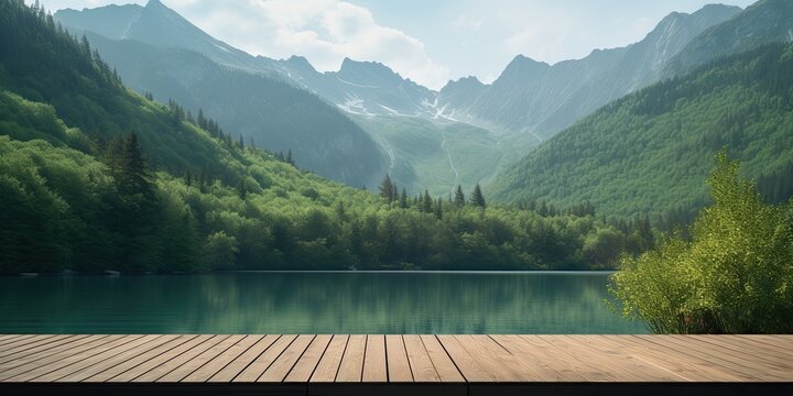 Against the serene backdrop of a lake and towering mountains, an empty wooden tabletop beckons viewers to pause and admire the breathtaking scenery.