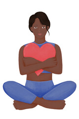 Black woman png hugging heart, self-care character illustration, transparent background