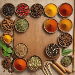 Different indian spices in a round wooden board colorful background