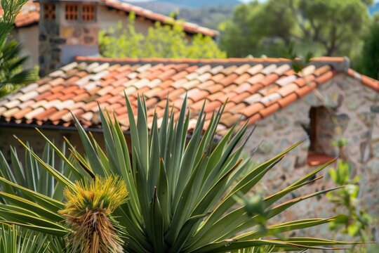 terracotta roof house, yucca foreground