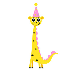 Cheerful cartoon dinosaur in a party hat smiling brightly  isolated on transparent background