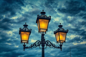 Vintage street lamp on sky background,  Street lamp in the evening - obrazy, fototapety, plakaty