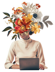 PNG Flower Collage Businesswoman working flower computer portrait. - 768515099