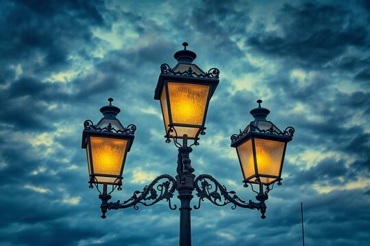 Vintage street lamp on sky background,  Street lamp in the evening