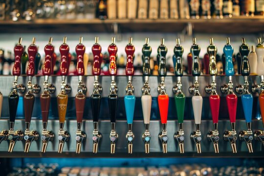 an array of colorful beer taps at the bar