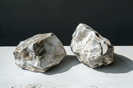 Two white marble stones on a cement floor, closeup of photo