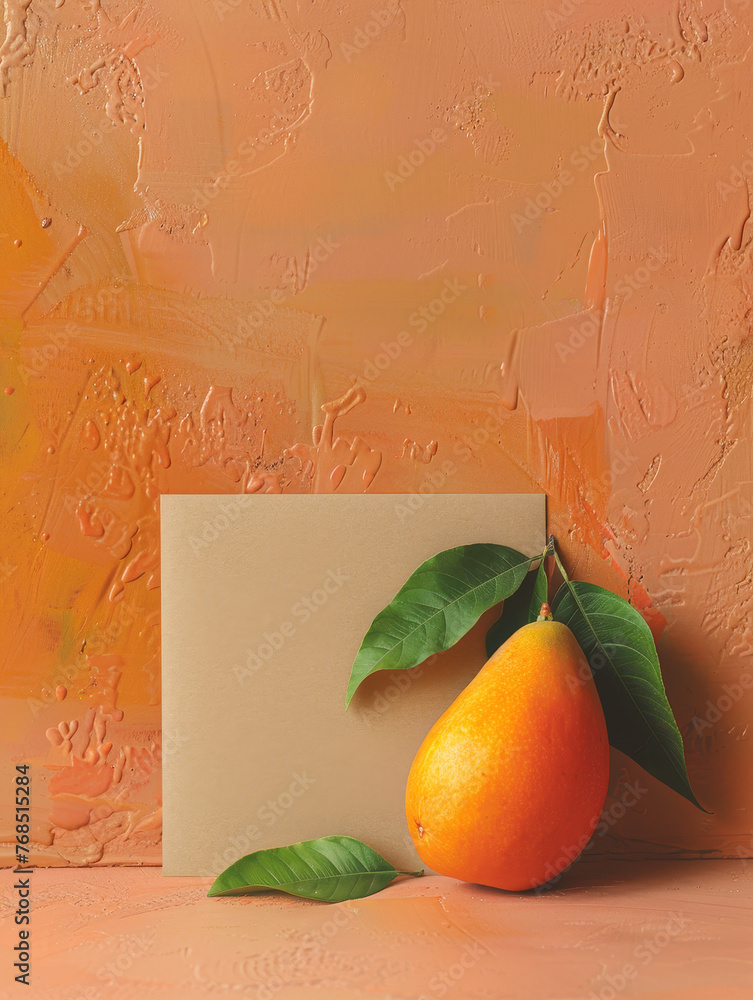 Poster Mango with a blank card on a textured backdrop, for mockup.