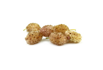 Heap of fresh ripe white mulberry berries with leaves isolated on white background. Design element for product label, catalog print, web use.