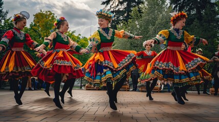 A photo of a traditional Irish dance performance with colorful costumes and energetic steps - obrazy, fototapety, plakaty