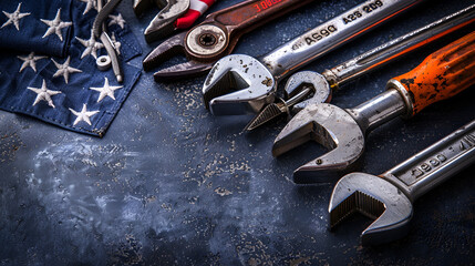 Construction and manufacturing tools on patriotic black background, Generative Ai - obrazy, fototapety, plakaty