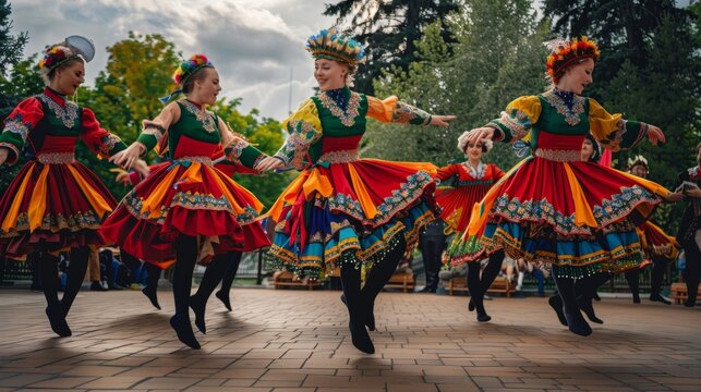 A photo of a traditional Irish dance performance with colorful costumes and energetic steps