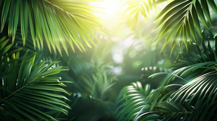 Background of lush green palm leaves with a subtle light shining through, symbolizing faith and new beginnings