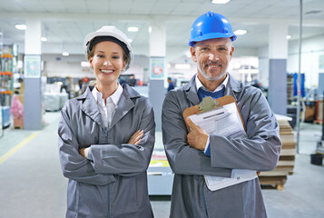 Portrait, people or paper in hard hat, logistics or product delivery in warehouse building. Mature...