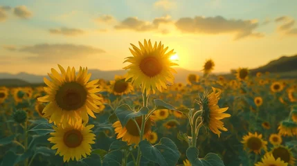 Foto op Plexiglas A tranquil sunflower field basking in the warm glow of a setting sun, with gentle hills on the horizon. © cherezoff