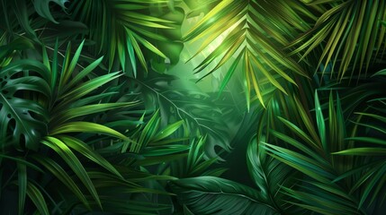 Background of lush green palm leaves with a subtle light shining through, symbolizing faith and new beginnings - obrazy, fototapety, plakaty